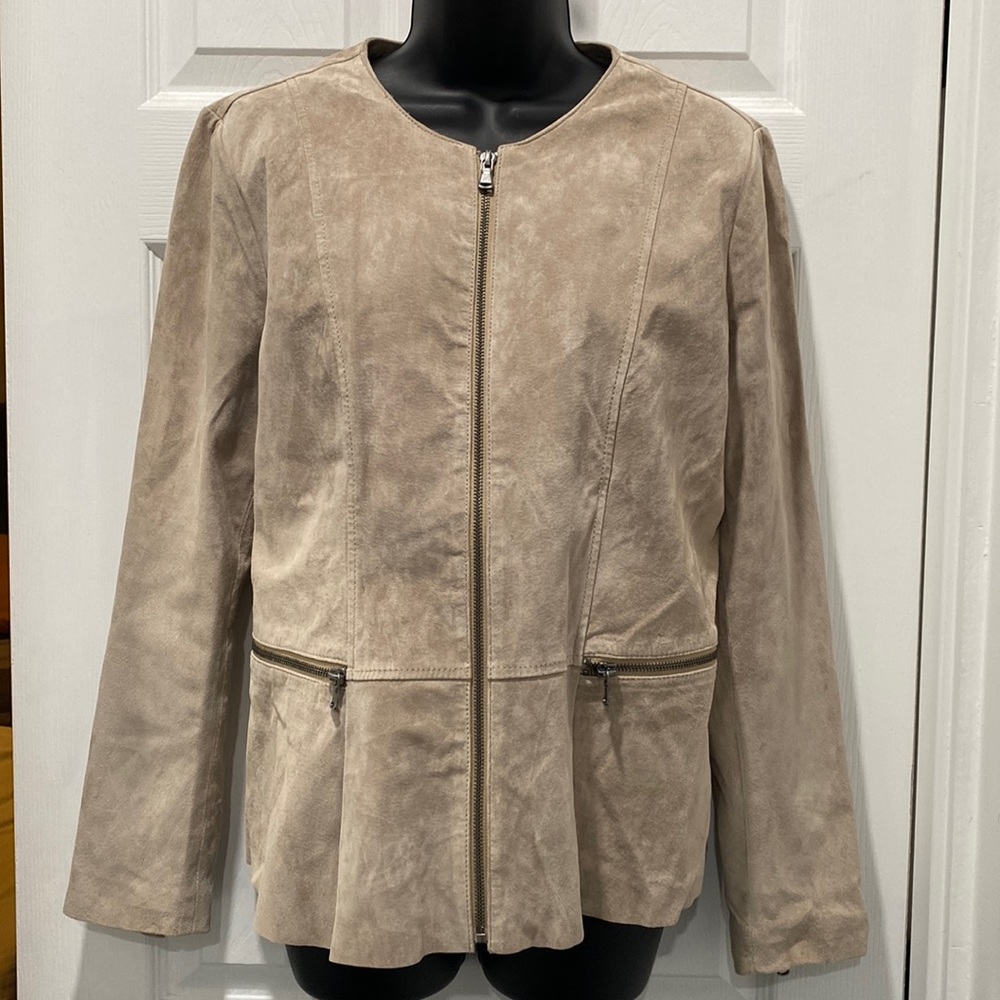 Ecru Suede Bottom Flair Zip Up Jacket